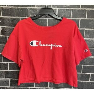 Champion Reverse Weave Crop Top Large Red Spell Out